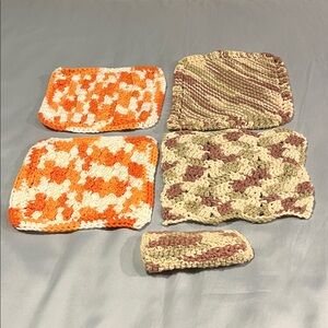Vibrant Orange and Cream Kitchen 4 Pot Holders and 1 Pot Handle Cover Crochet